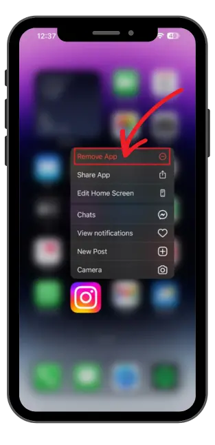 Tap on Delete app to delete Instagram